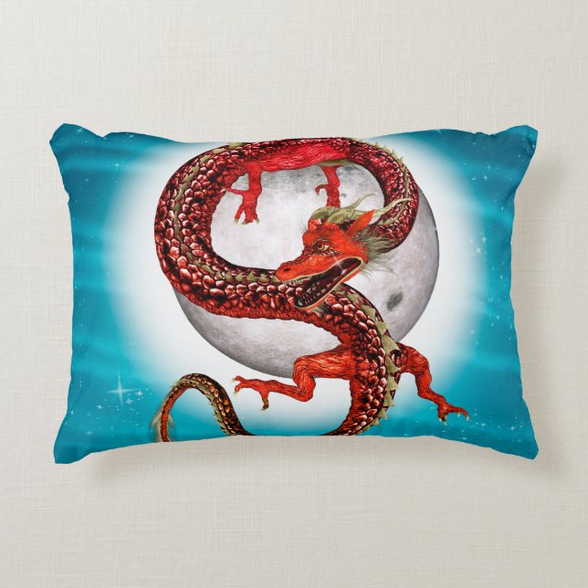 Almofada Decorativa Dragão Lua Vermelha Arte de Fantasia Celestial (Frente)