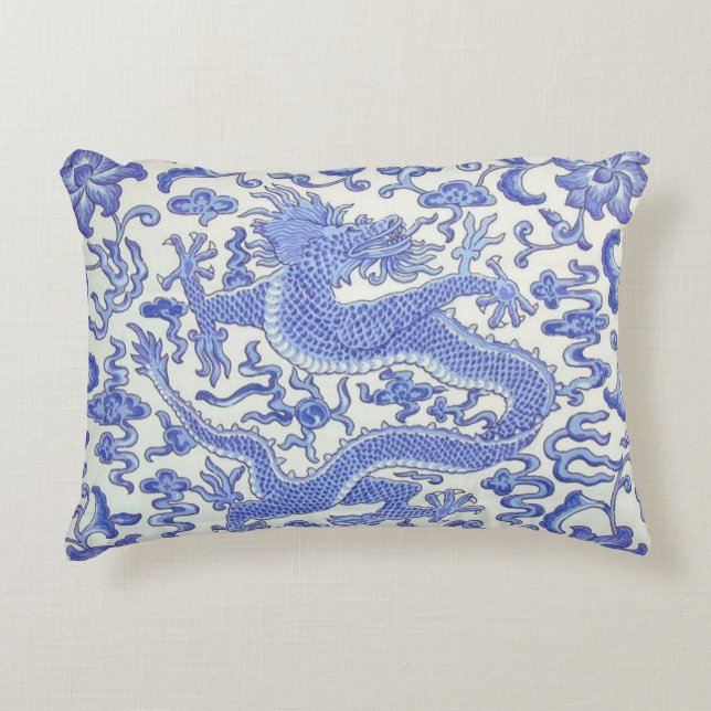 Almofada Decorativa Dragão oriental chinês azul e branco (Frente)