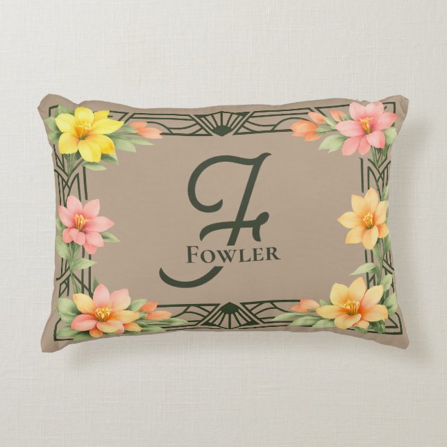 Almofada Decorativa Elegant Art Deco Floral Monogram Family Name (Frente)
