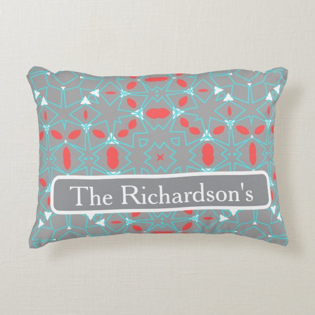 Almofada Decorativa Elegant Coral Turquoise Grey Geometric Pattern  (Frente)