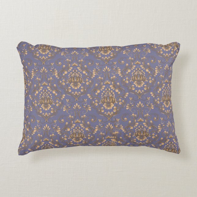 Almofada Decorativa Elegant Gold Damask on Periwinkle Blue (Frente)