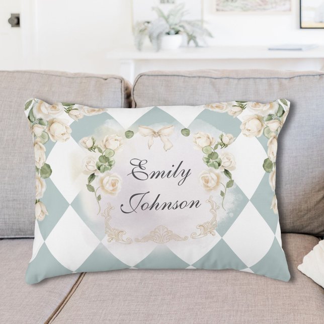 Almofada Decorativa Elegant Monogram White Roses Green Leaves Diamond (In situ)