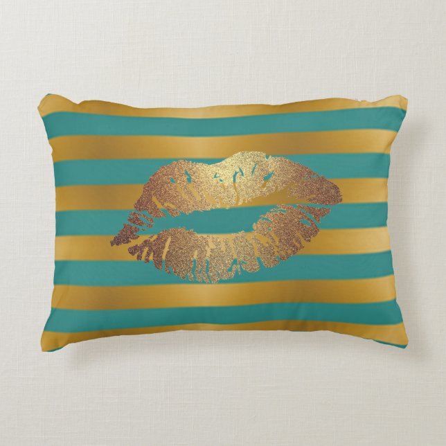 Almofada Decorativa Elegante Chic Glitter Dourado Falso Nos Lábios Em  (Frente)
