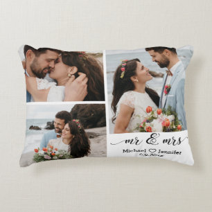 Almofada Decorativa elegante colagem de 3 fotos de casamento de sr e s