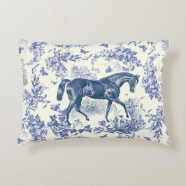 Almofada Decorativa Elegante Toile Floral Azul Branco Cavalo Vintage