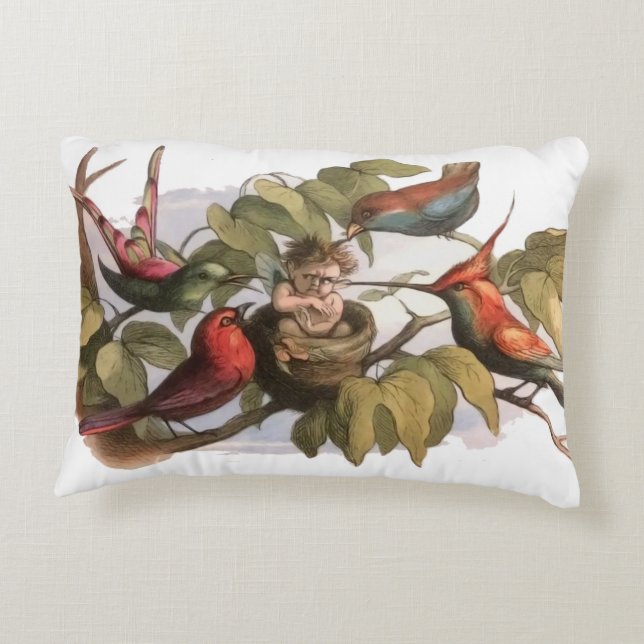 Almofada Decorativa Elfo Woodland no Ninho: Pássaro Antiquado Pulando  (Verso)