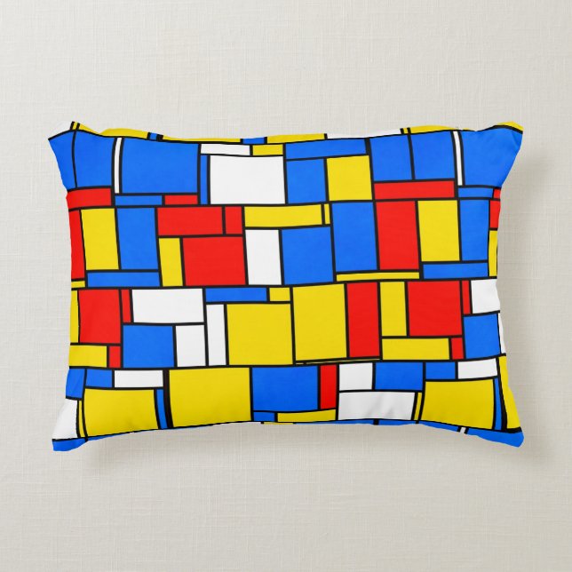 Almofada Decorativa Estilo Inspirado Mondrian Padrão Amarelo Vermelho  (Frente)