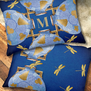 Almofada Decorativa Estilo Japonês Azul E Dourado