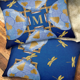 Almofada Decorativa Estilo Japonês Azul E Dourado