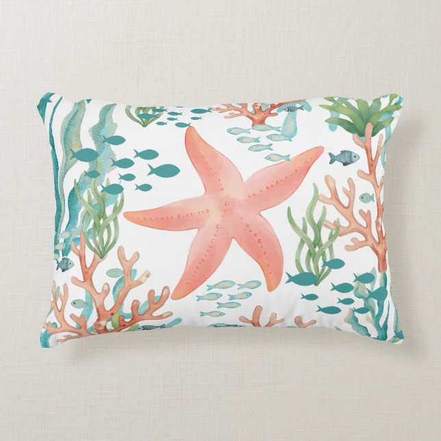 Almofada Decorativa Estrela-do-mar Vida marinha Conchas Peixes  (Frente)