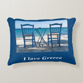 Almofada Decorativa Eu adoro Grécia taverna foto azul e branca