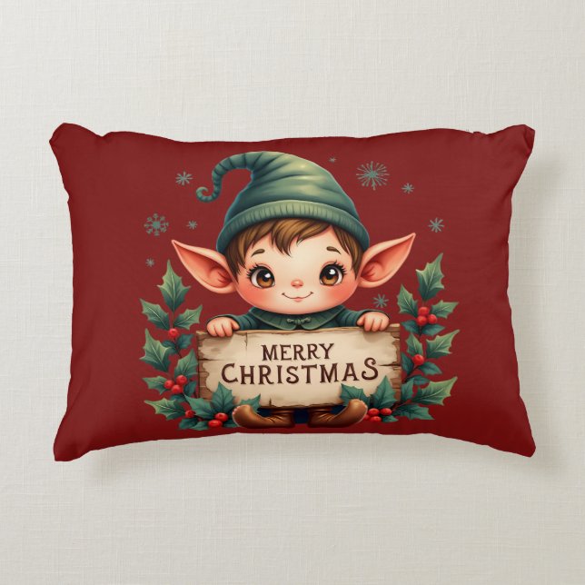 Almofada Decorativa Fada de Natal Fofo Segurando Placa Alegre Vermelha (Frente)
