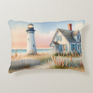 Almofada Decorativa Faro à Beira-Mar & Cena em Aquarela de Cabana