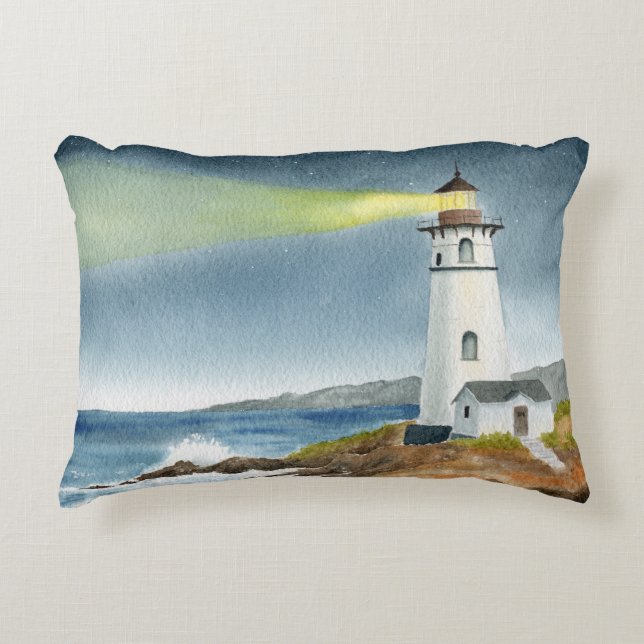 Almofada Decorativa Faro Costeiro com Cartão Postal de Feixe de Luz (Frente)