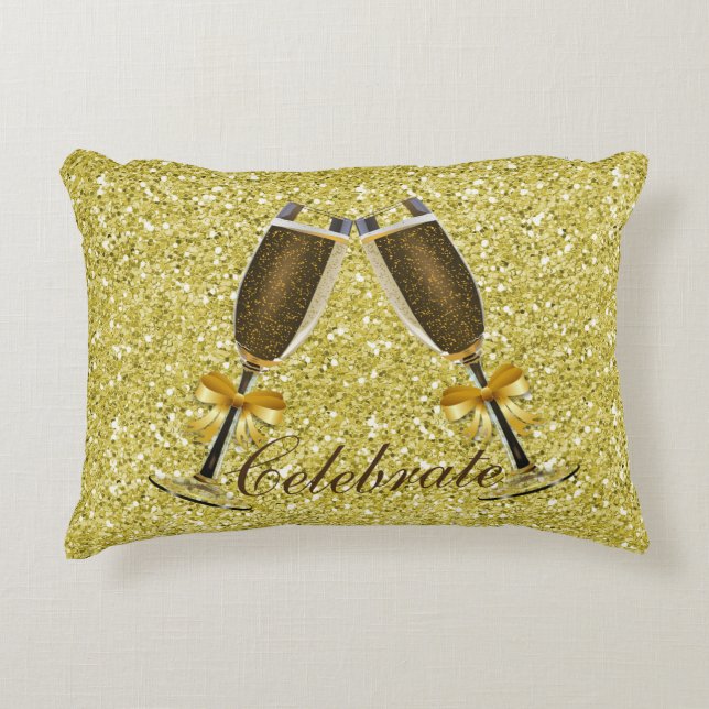 Almofada Decorativa Faux Glitter Dourado do brinde de champanhe (Frente)