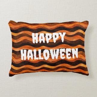 Almofada Decorativa Feliz Halloween Castanho e Linhas Ondas Laranja