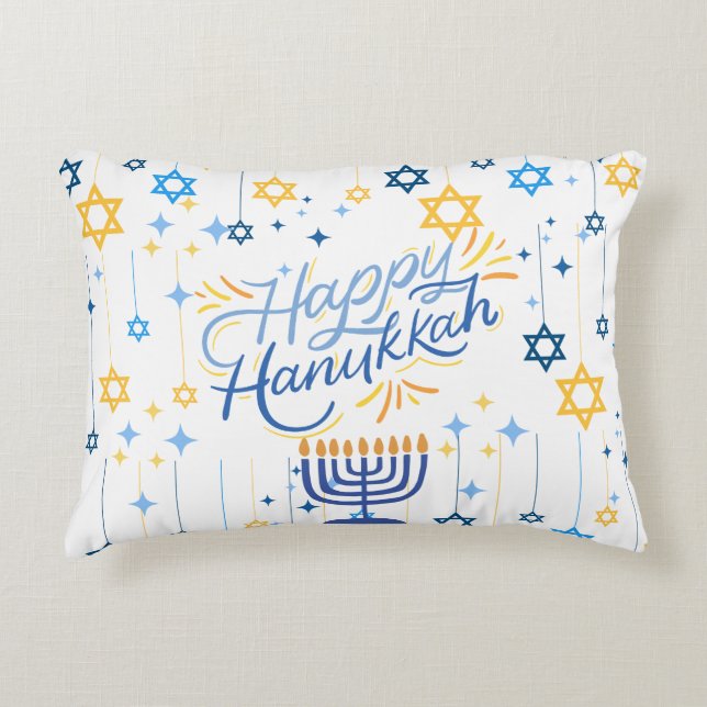 Almofada Decorativa Feliz Hanukkah Azul e Dourado (Frente)