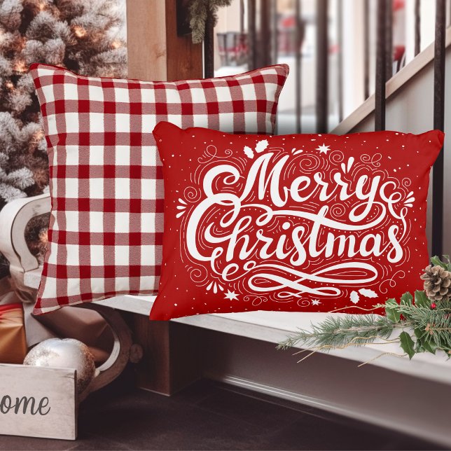 Almofada Decorativa Feliz Natal Festivo Vermelho e Branco Feriado (Merry Christmas Festive Red and White Holiday Accent Pillow)