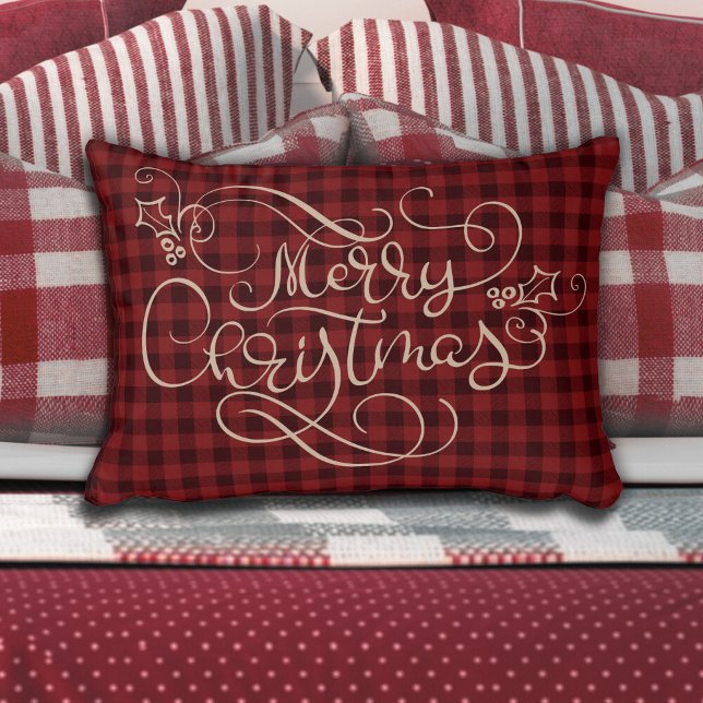 Almofada Decorativa Feliz Natal Red Gingham Tan Script Typografia (Criador carregado)