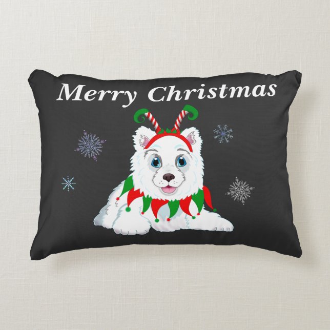 Almofada Decorativa Feliz Natal Samoyed Com Toco de Elfo  (Frente)