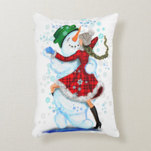 Almofada Decorativa Feliz Snowman e Girl Dance Tango Festa de Natal
