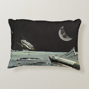 Almofada Decorativa Ficção científica vintage, foguetes lua planetas