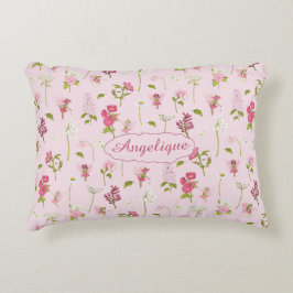 Almofada Decorativa Fieiras e flores de aquarela, cor-de-rosa