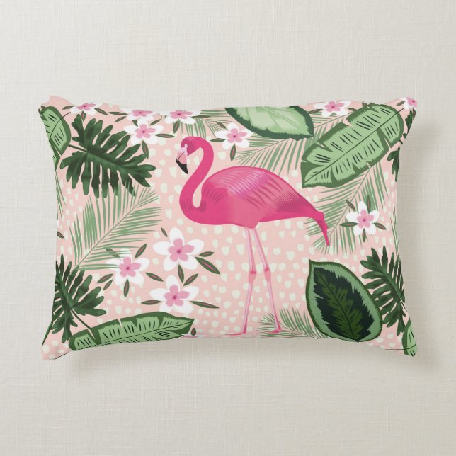 Almofada Decorativa Flamingo e palmeiras, ilustração uniforme (Frente)