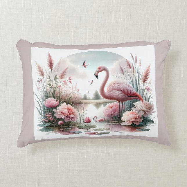 Almofada Decorativa Flamingo na cena floral de Pastel Pond (Frente)