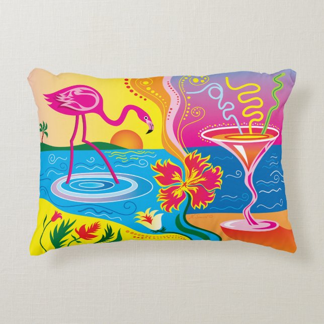 Almofada Decorativa Flamingo Rosa e Coquetel de Verão (Frente)