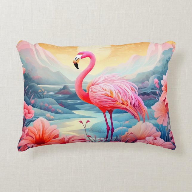 Almofada Decorativa Flamingo Tropical com Flores (Frente)