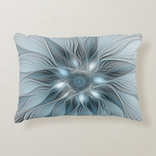 Almofada Decorativa Flor Abstrata Alegre Azul Cinza Fractal Floral