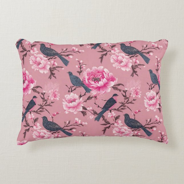 Almofada Decorativa Flor de pássaro chinês rosa (Frente)