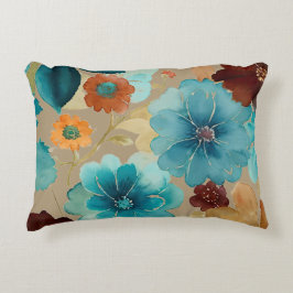 Almofada Decorativa Floral de cor azul-turquesa, vermelha, ferrugem e
