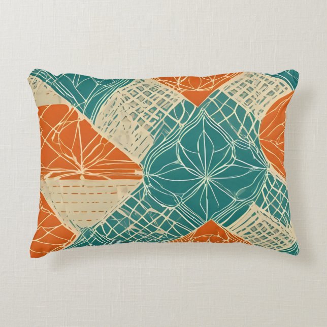 Almofada Decorativa Flores Abstratas Azul-Verde, Laranja e Bege (Frente)