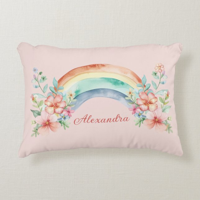 Almofada Decorativa Flores bonito de Aquarela e Arco-Íris (Frente)