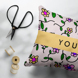 Almofada Decorativa Flores Coloridas, Fundo Rosa, Amarelo