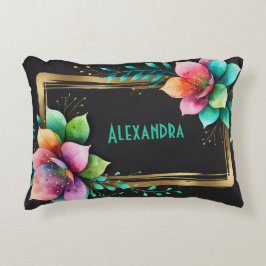 Almofada Decorativa Flores em Aquarela - Moldura Dourada 34 + seu text