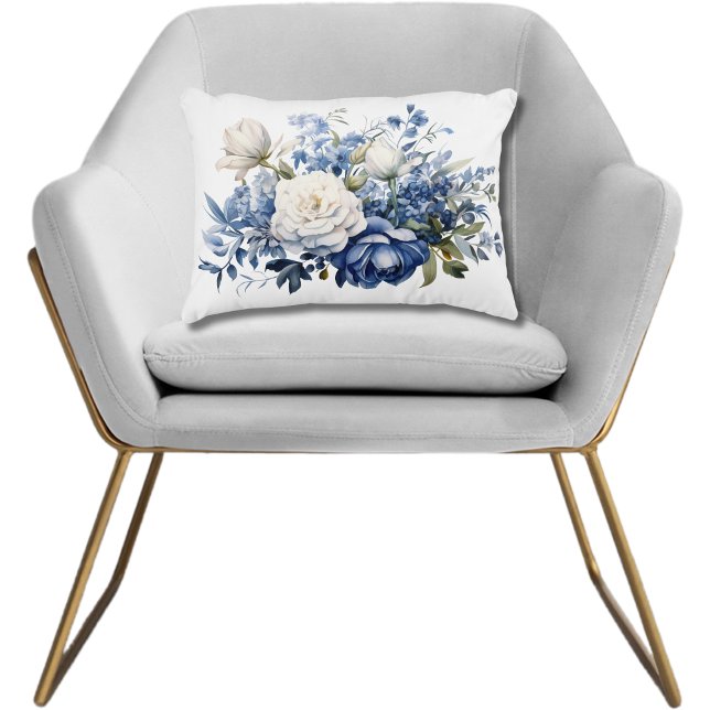 Almofada Decorativa Flores Florais Brancas Azuis Aquarela Elegante (Blue White Floral Flowers Watercolor Accent Pillow. Lumbar Rectangular Pillow. Bedroom Pillow)
