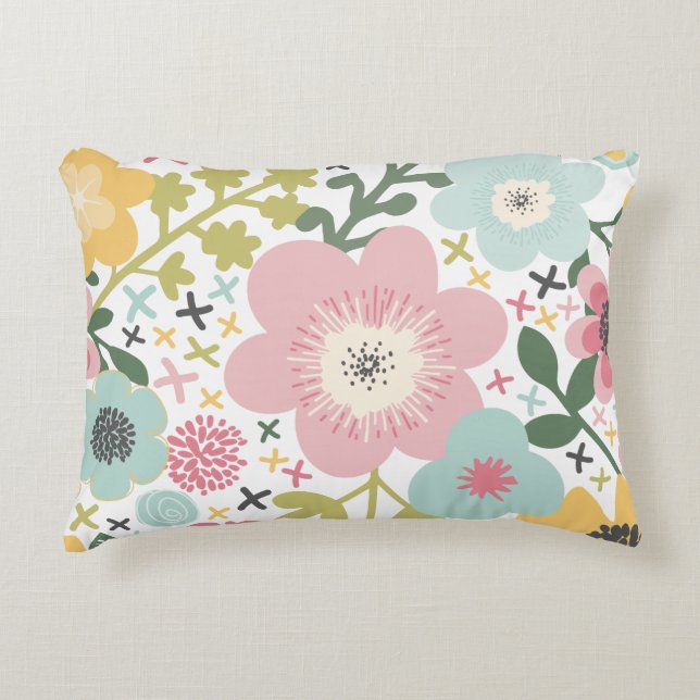 Almofada Decorativa Flores Modernas Florais Rosa Azul Amarelo  (Frente)
