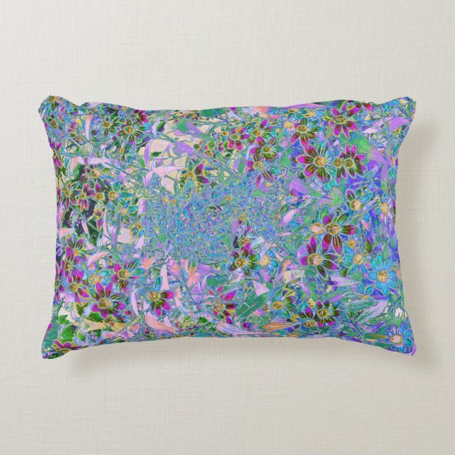 Almofada Decorativa Flores Roxas, Verdes e Azuis a Rosa (Frente)