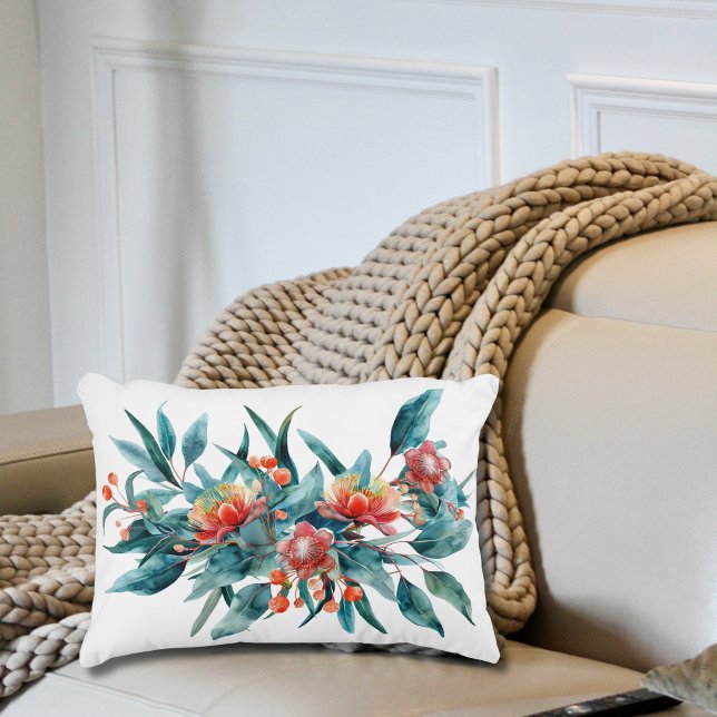 Almofada Decorativa Flores Vermelhas de Aguarela Flora Australiana (Red Australian Watercolor Floral Flowers with Greenery Lumbar throw pillow. )
