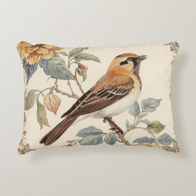 Almofada Decorativa Flowers Pattern and Lovely Bird, Off White, Yellow (Frente)