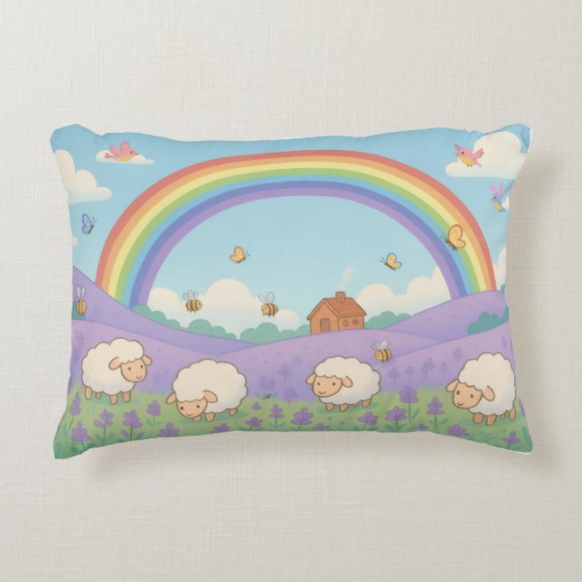 Almofada Decorativa Fluffy Sheep Lavender Field Rainbow Art (Frente)