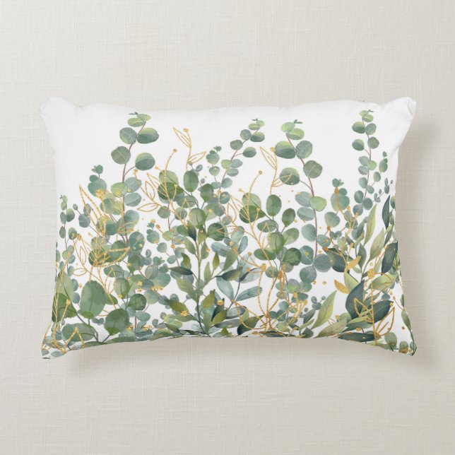 Almofada Decorativa Folhas De Eucalipto Botânico Douradas E Verdes (Frente)