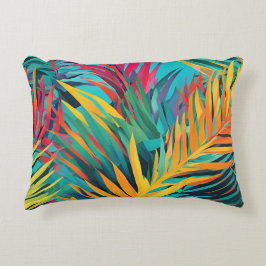 Almofada Decorativa Folhas de Palma Coloridas Azul Aqua Rosa