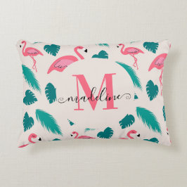 Almofada Decorativa Folhas Tropicais Rosa Quente Flamingo Monograma Mo