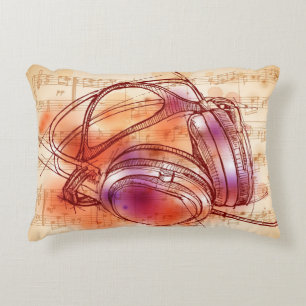 Almofada Decorativa Fones de ouvido em um fundo & em notas da aguarela