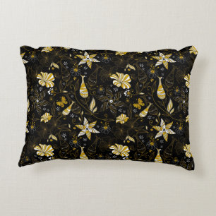 Almofada Decorativa Fundo floral ouro preto-branco