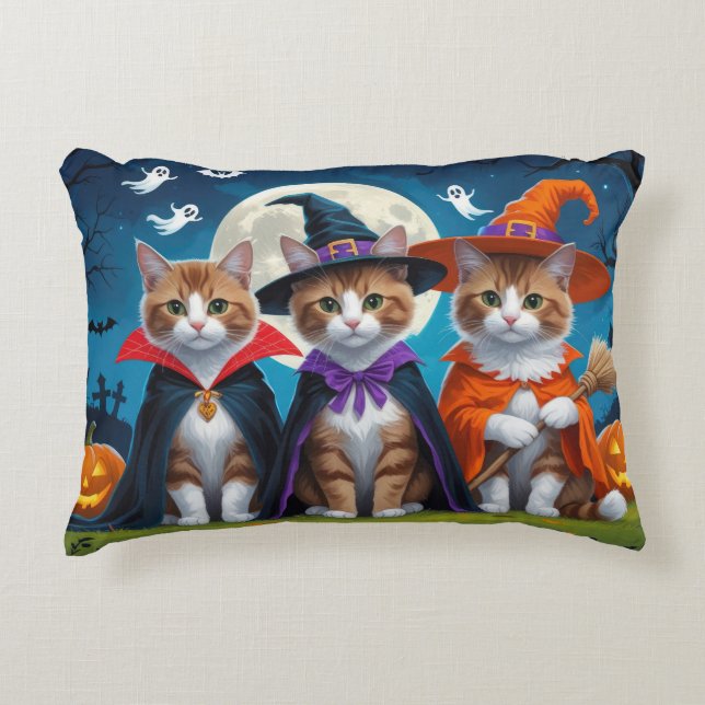 Almofada Decorativa Gatos Abissinérgicos Pumpkin Halloween Engraçado (Frente)